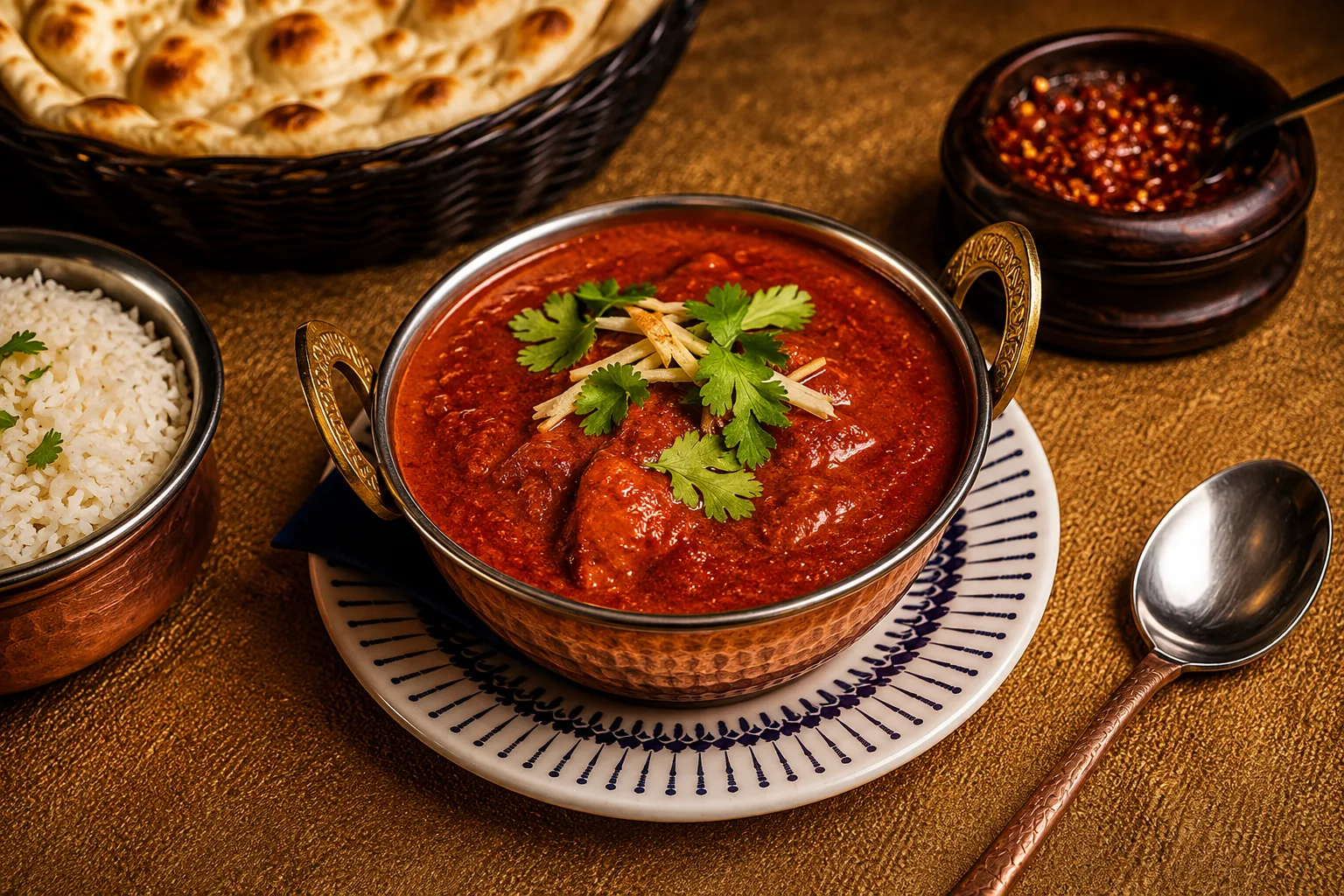 Chicken curry with basmati rice, naan and chutney at Kaavya Cuisine